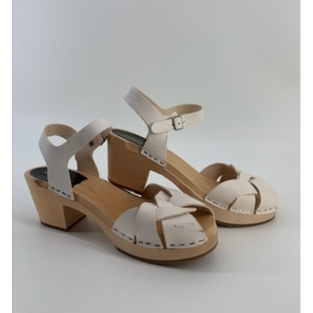 Swedish Hasbeens Braided Sky High White Leather Wood Clog Sandals Womens 39 - Picture 4 of 7